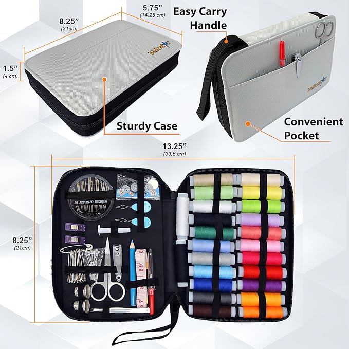 Easy to Use Light Grey Sewing Kit - Christmas Gifts for Girls, Teens, Moms & Kids - Beginner Hand Sew Kit for Clothing Repairs. Includes 30 Needles, Thread, and All Essential Supplies for Small Fixes