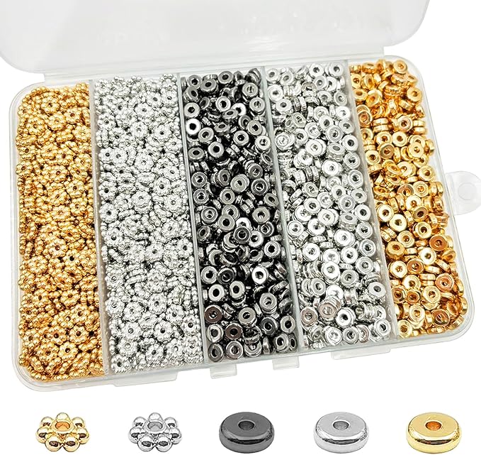6mm Flat Round Spacer Beads, Clay Beads for Bracelets Making Kit, Heishi Polymer Flat Disc Spacer Beads for Jewelry Making, Clay Beads for Jewelry Making Gold Beads Silver (2000pcs)