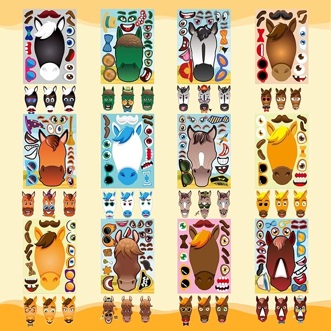 48 sheets make your own horse stickers for kids toddles, make a horse face stickers, birthday party favors supplies crafts