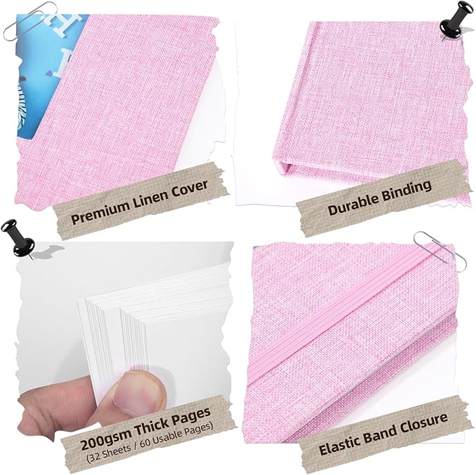 Scrapbook Album, 10"x10" DIY Photo Album with Square Window Linen Cover Kraft Paper 32 Sheets, Stylish Memory Book for Wedding, Anniversary, Family, Travel, Pink