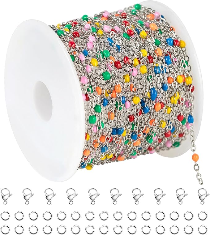 KYUNHOO Colorful Beaded Stainless Steel Jewelry Making Chains Silver Necklace Chains Bulk on Spool Thin Cable Chain Link with Jewelry Making Supplies for Bracelet Choker Crafting