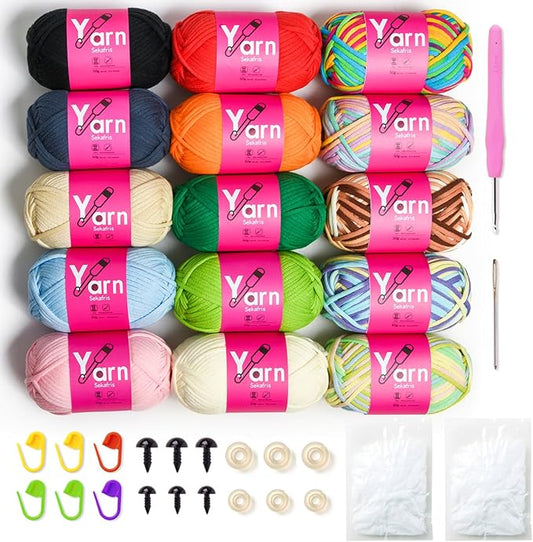 15 Pack Crochet Yarn Beginner - Black, White, Orange, Red, Green, Rainbow, Pink, Yellow Cotton Chunky Yarn - with Easy-to-See Stitches for Crocheting (15 * 50g)