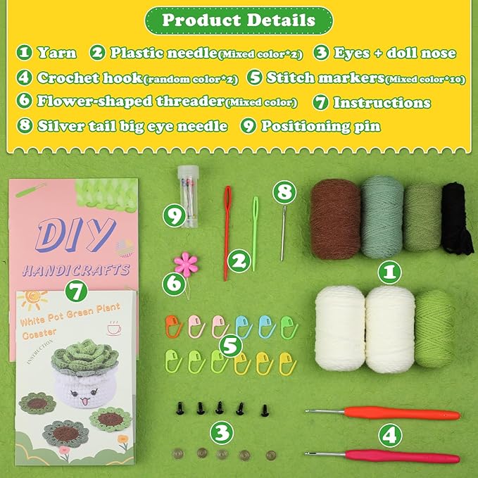 FTEVEN Crochet Kit for Beginners, 3PCS Coasters Potted Plants Crochet Starter Kit for Beginners Adults, Knitting Kit with Step-by-Step Video Tutorials and Crochet Yarns for DIY Christmas Decoration