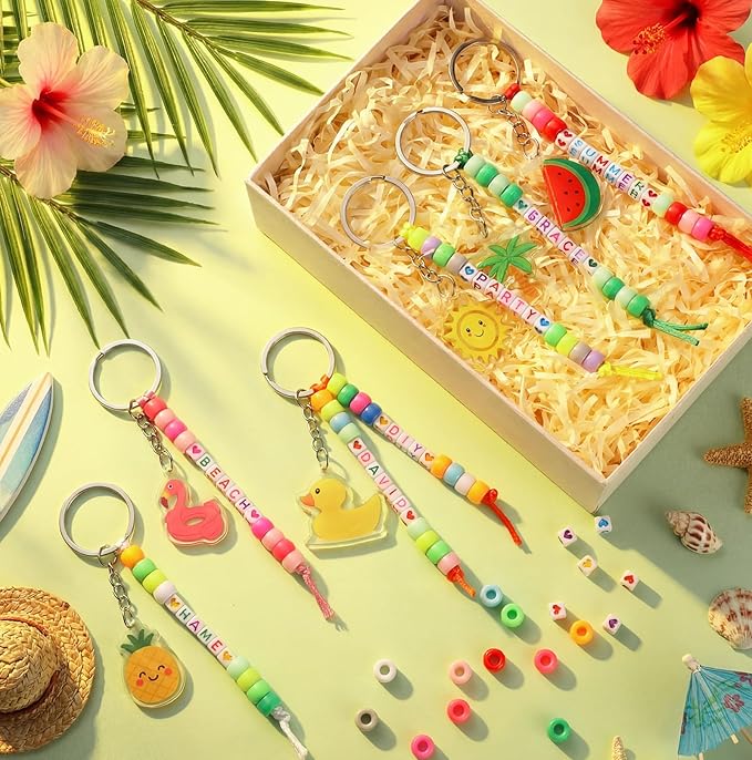 Landical 564 Pcs Summer DIY Bead Keychain Kit Key Chain Making Craft Adjustable Letter Beads String Mama Sport Gift Alphabet Jewelry Backpack Accessories Holiday Party Favor (Hawaii, Vibrant Color)