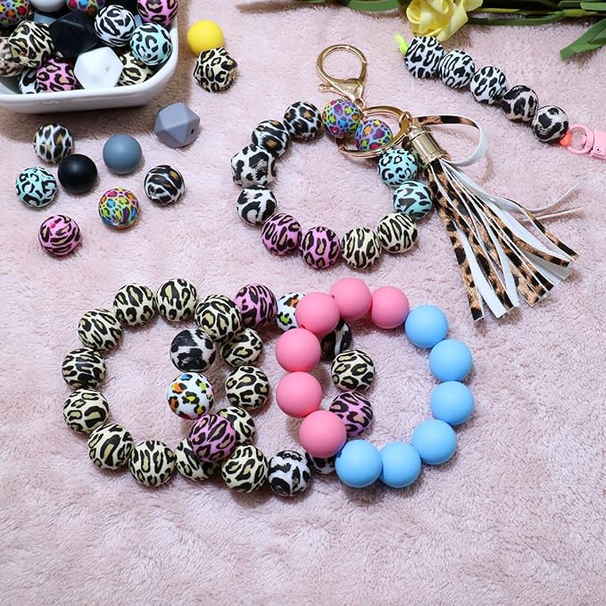 96Pcs 15mm Silicone Beads Bulk Leopard Focal Silicone Beads for Keychain Making Necklace Jewelry DIY Bracelet Making Supplies Kit (Leopard)