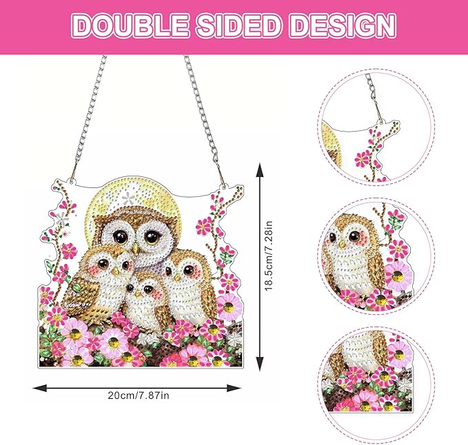 Lxmsja DIY Owls Family Diamond Painting Hanging Ornament, Double-Sided Acrylic Moonlit Diamond Art Kit, Special Shaped Suncatcher Hanging Pendant Window Art Kit 7x8 inch