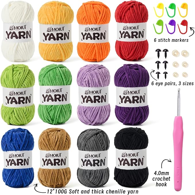 12 Pack Velvet Yarn for Knitting, Chunky Chenille Yarn for Crocheting, Baby Yarn for Crocheting Soft Blanket, Super Bulky 42.3oz(1049yds), Multicolor Amigurumi Yarns Set C