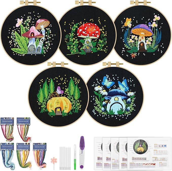ERKOON 5 Sets Embroidery Kit for Beginners, Art Craft Handy Sewing Set Mushroom Cross Stitch Starter Kits, DIY Embroidery Kits with Patterns and Instructions Hoops Needles Threads