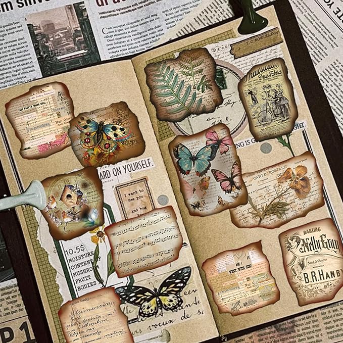 100 Pcs Vintage Journaling Stickers - Junk Journal Supplies with Antique Map Prints & Distressed Edges, Scrapbook Stickers for Planners, Ideal for Kids Teenagers Adults