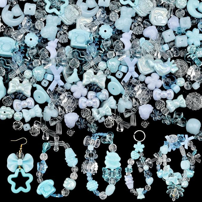 ABONDEVER 245-300Pcs Assorted Acrylic Beads for Bracelets Making Cute Star Bow Flower Candy Heart Gummy Bear Butterfly Beads for DIY Jewelry Crafts Keychain Necklace Phone Charms(Blue)