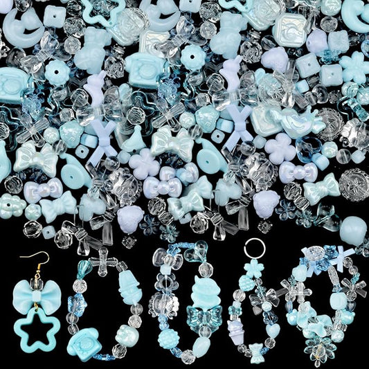 ABONDEVER 245-300Pcs Assorted Acrylic Beads for Bracelets Making Cute Star Bow Flower Candy Heart Gummy Bear Butterfly Beads for DIY Jewelry Crafts Keychain Necklace Phone Charms(Blue)
