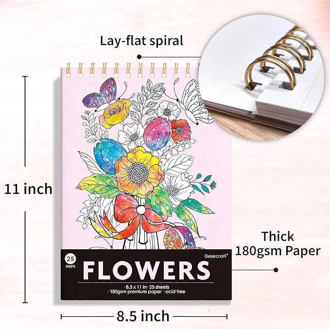 DESECRAFT Flower Coloring Book for Adults Relaxation - Spiral Bound Adult Coloring Book, Anxiety Relief & Stress Relief Gifts for Women 8.5" x 11" Tear Out Pages