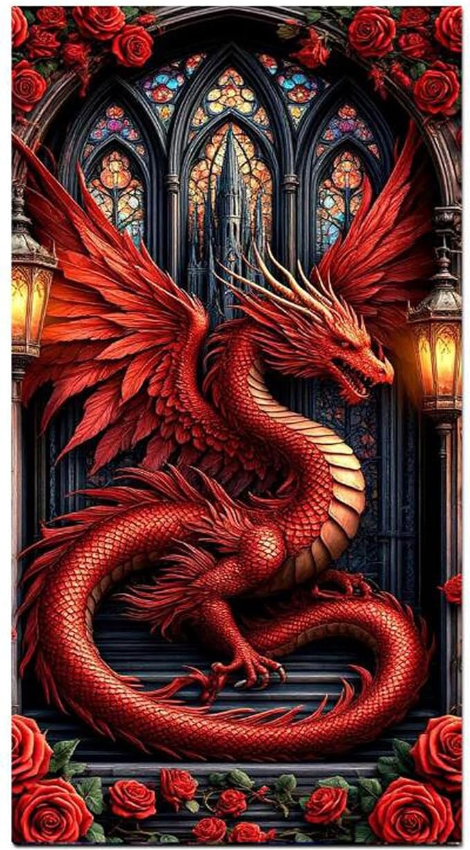 KUFWKEY Fantasy Dragon Diamond Art Kits for Adults,Gothic Stained Rose Diamond Painting Kits,Full Round Diamond Mosiac Kits,DIY Handicrafts,Gem Art and Crafts,Large Size 16x28inch