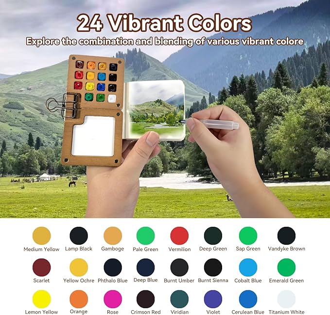 Mini Watercolor Kit Travel Set Pocket Watercolor Set with Wooden 15-Grid Palette, Crossbody Bag, 24 Colors Paint, 3 Brushes, Copper Clip & Sketchbook for Travel Painting