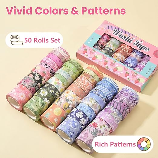 50 Rolls Washi Tape Set, Assorted Sizes, for Junk Journal Scrapbook, Bullet Journaling Scrapbooking Supplies, Planner Sticker DIY Craft Decor (Dreamy Pastels)