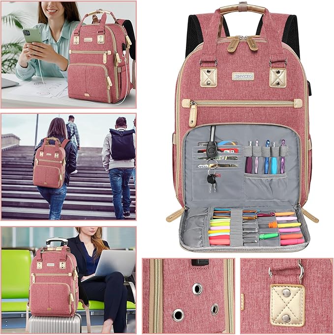 Crochet Bag, Knitting Bag Backpack and Totes Organizer with USB Charging Port, Large Yarn Storage Tote Bag