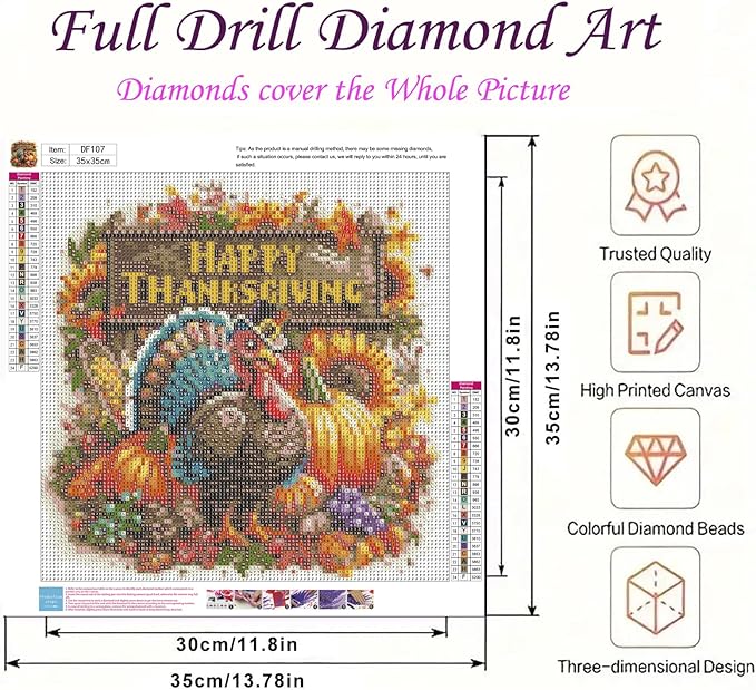 DIYDECORFUN Thanksgiving Turkey Diamond Painting Kits for Adults, 5D Fall Diamond Art Kits for Beginners, Full Round Drill Diamond Dot Painting Gem Art Kits,Home Wall Decor 13.8x13.8 Inch