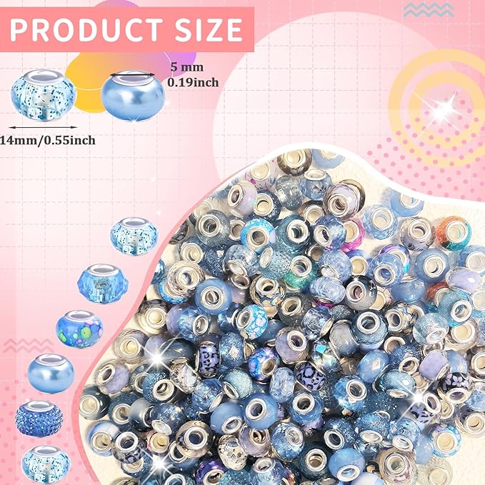 Large Hole Sky Blue European Beads - 100 Assorted Pieces for Pens, Fairy Wands, Garden Decor, Lampwork Craft, Spacer Beads for DIY Charms, Bracelets, Necklaces & Jewelry Making