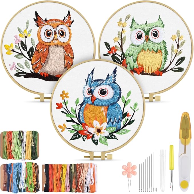 TINDTOP Embroidery Kit for Adults, Owl Embroidery Practice Kit for Adult Beginners Include Embroidery Cloth Hoops Threads for Craft Lover Hand Stitch with Embroidery Skill Techniques