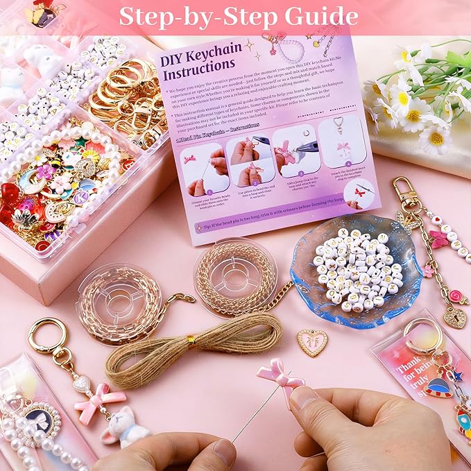 Wurosi 773 Pcs Beaded Keychain Making Kit, Bag Charm Kit, with Chains, Charms & Letter, Key Chain Hooks, Jump Rings, Manual, Gift Bgas, Storage Box & Tools, DIY Crafting and Jewelry Making for Adult