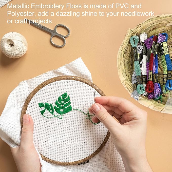 12 Skeins Embroidery Floss, Silver Metallic Embroidery Thread Polyester Cross-Stitch Threads for Hand Embroidery String Art DIY Creation
