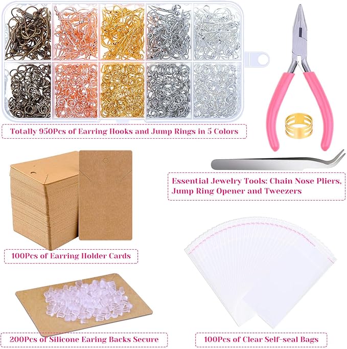 Paxcoo 1350pcs Earring Making Kit with Hooks, Rings, Pliers, Backs, Holder Cards and Clear Bags for DIY Earring Supplies and Findings