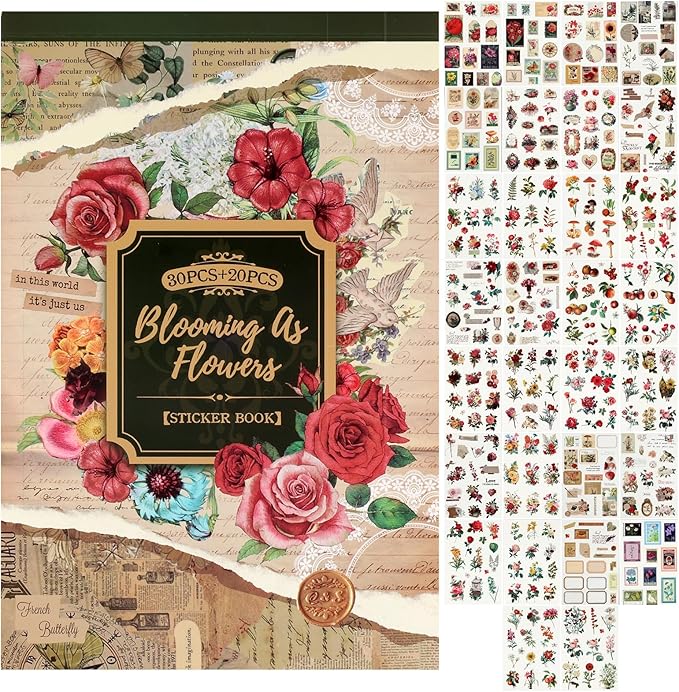 Vintage Flowers Scrapbook Stickers with 400 Pre-Cut journaling Sticker 20 Scrapbook Paper washi Stickers for Journaling Floral Scrapbooking Sticker
