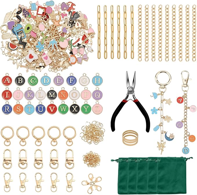 XUHAO7 Ultimate DIY Keychain Craft Kit - 263 Pieces with Tools, Charms - Free 5 Velvet Drawstring Pouches | Make Your Own Keychains, Jewelry & Personalized Gifts (Complete Beginner-Friendly Set)