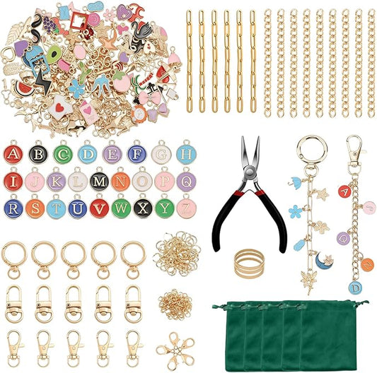 XUHAO7 Ultimate DIY Keychain Craft Kit - 263 Pieces with Tools, Charms - Free 5 Velvet Drawstring Pouches | Make Your Own Keychains, Jewelry & Personalized Gifts (Complete Beginner-Friendly Set)