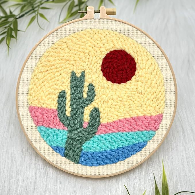 ERKOON Punch Needle Kit Adults Beginners, 2 Pcs DIY Easy Landscape Embroidery Set for Starter Art Craft, Needling Punching Project with Patterns, Tools, Yarns, Hoop, Instruction (Desert & Afterglow)