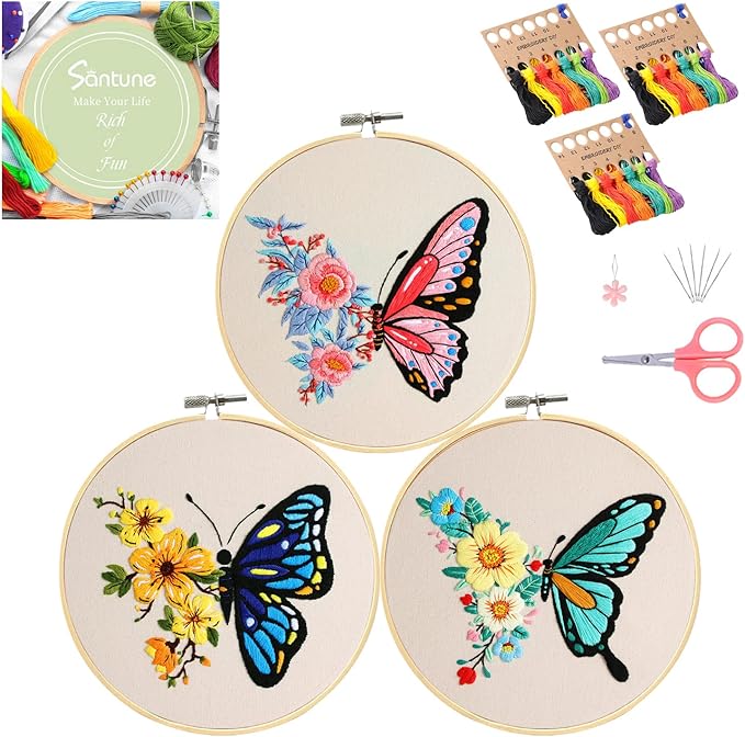 Santune 3 Pack Embroidery Kit for Beginners Adults Cross Stitch Kits with Butterfly Patterns and Instructions,DIY Hand Crafts with 1 Hoop,Threads and 6 Needles