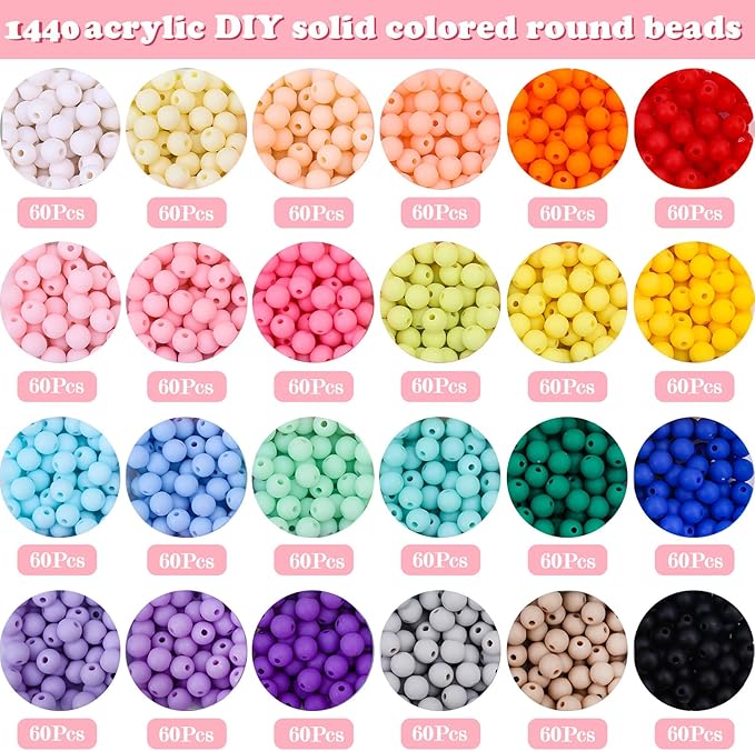 1440Pcs 6mm Candy Color Matte Acrylic Round Beads, 24 Colors Assorted Plastic Bubble Gum Beads with Hole Loose Beads Bulk for Bracelets Necklace Jewelry Making DIY Crafts