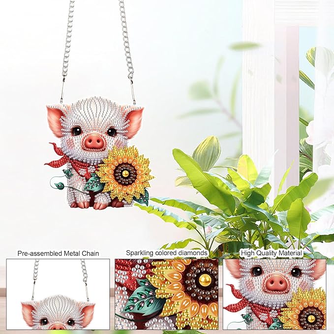 Tontut 5D DIY Diamond Art Painting Pendant kit, Sunflower Pig Special-Shaped Hanging Crystal Window Pendant kit, Adult Gift Home Curtains, Yard Entrance Decoration