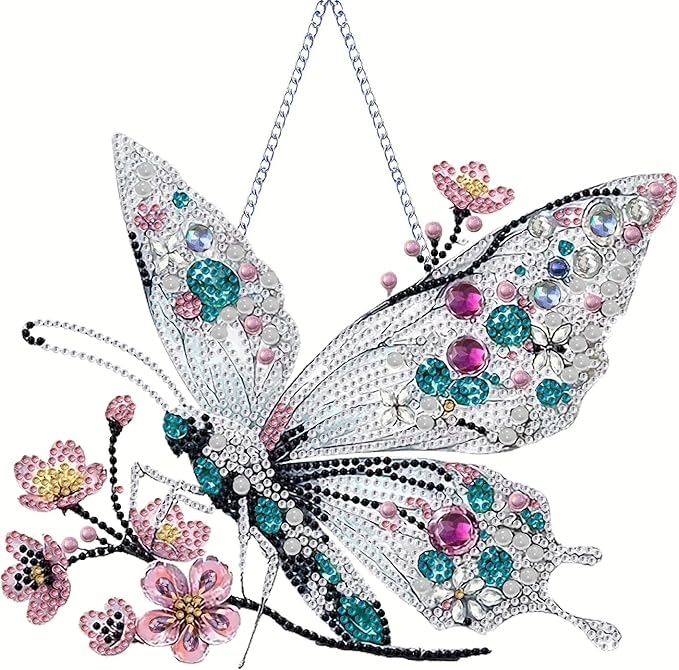 STGLCR Hanging Diamond Art Kits for Adults Pendant Butterfly, Special Shaped Crystal DIY Diamond Painting Kit, Acrylic Board Flower Pendants Double Sided, Home Decor 9.64 Inch