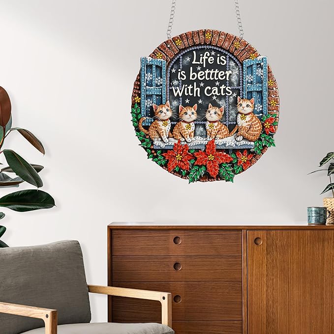 Reofrey Hanging Diamond Art Kits for Adults - 8x8 Inch Christmas Cat Acrylic Board Double Sided Pattern Diamond Art Suncatcher Pendant, DIY Crystal Art for Home Wall or Window Decoration Handmade Gift