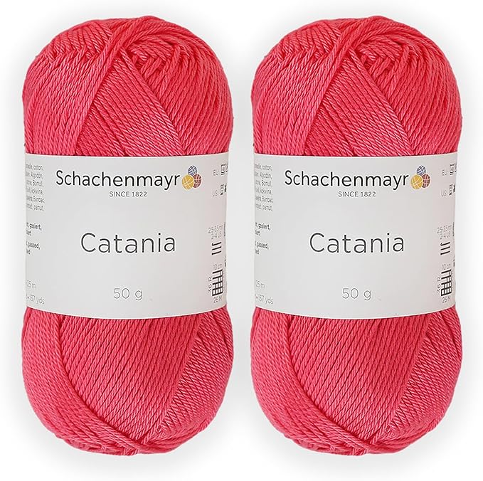 2 Skein/Pack Schachenmayr (SMC) Catania Originals Yarn, Each Ball 1.76 Oz (50gr) / 136 Yards (125 m), 100% Mercerized Cotton for Knitting and Crochet Yarn, Sport Weight, 256 - Raspberry