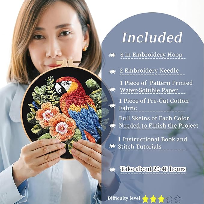 fonnuy embroidery kit for beginners, birds with flowers pre-stamped pattern kits for adults with hoop, easy to follow color thread needlework, 8'' hoop (red parrot)