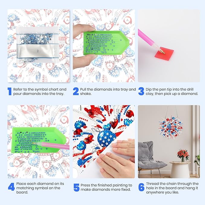 MXJSUA American Flag Fireworks Diamond Painting Art Window Suncatchers, Diamond Art Kits for Adults Hanging Ornaments with Chain, 5D Special Shape Crystal Diamond Pendant Accessories for Decor Gift