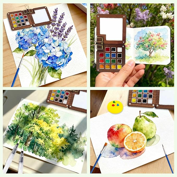 Esoes Mini Paint Palette Watercolor Kit, Travel Water Color Paint Set, Small Portable Pocket Mini Watercolor Set with Colors, Bind Clips, Brush, Sketchbook for Painters Beginners