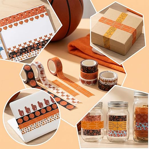 Sports Theme Washi Tape - Basketball Hoop Net Heart Bow Pattern Premium Acid Free Repositionable Adhesive Paper for Scrapbooking Gift Wrapping Journaling DIY Crafts Sports Fan Supplies