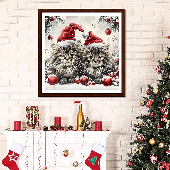 EMIEAUFG Christmas Diamond Art Kits for Adults, Christmas Cat Diamond Paiting Kit for Beginners, 5D DIY Round Full Drill Craft Diamond Dot Gem Art, Home Wall Decor 12" x 12"