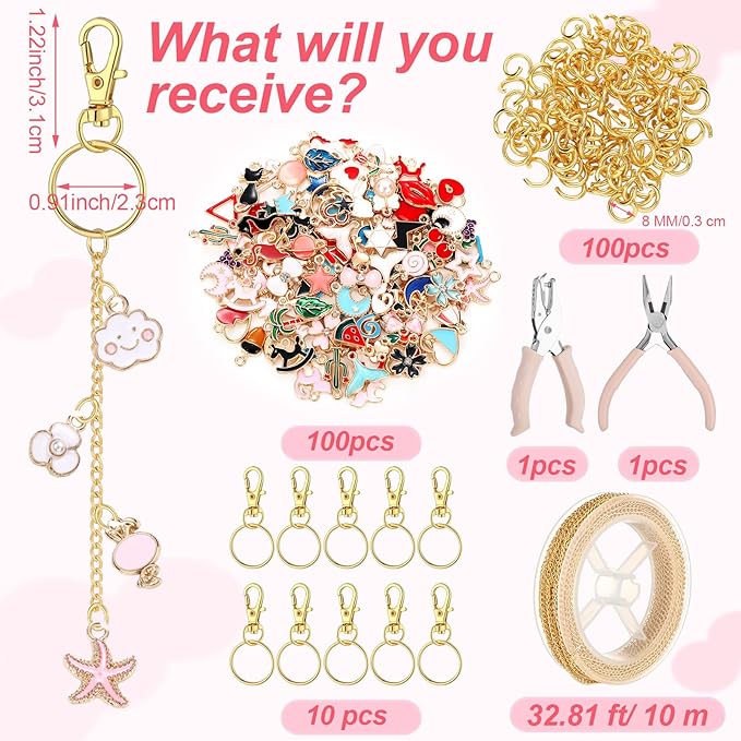 VioraWhite 213 Pcs Lip Gloss Keychain Making Kit 100 Pink Enamel Charms 32.81 ft Gold Chains for DIY Crafts Women(Stylish)