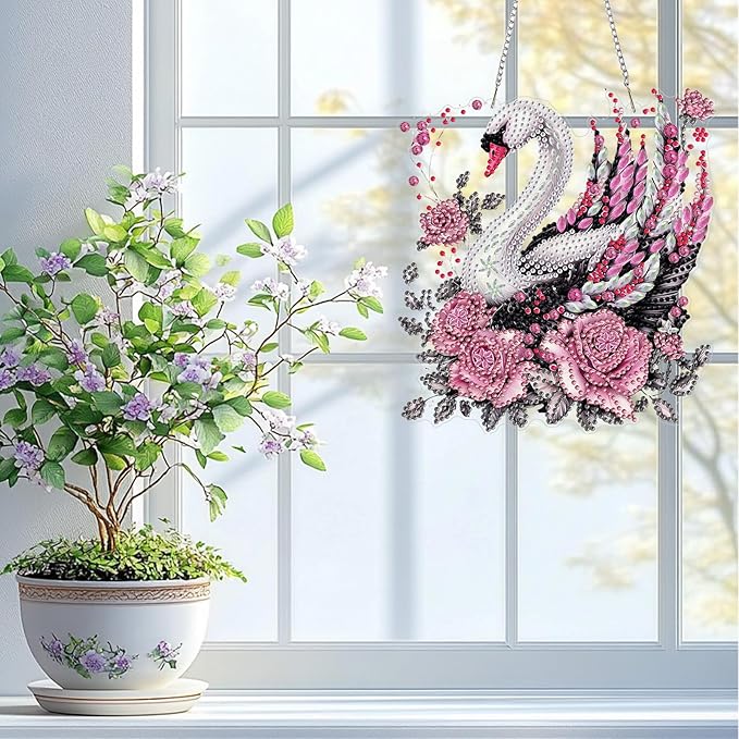 QENSPE Diamond Art Hanging Kits for Adults, 5D Swan Special Shape Diamond Paingting Ornaments with Chain, DIY Pink Rose Crystal Window Pendants for Home Wall Decor Double Sided 8X8 inch