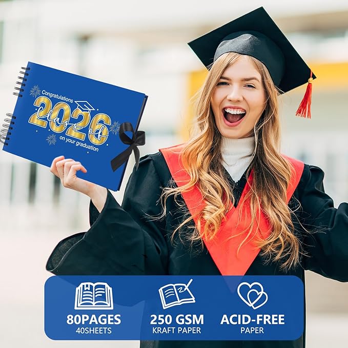 80 Pages Graduation Scrapbook Kit 11 x 8 Inch Photo Album of 2026 Graduation Decoration with 12 Metal Pens and 4 Sheets Stickers for DIY School Congrats Grad Memory Book to Sign(Blue)