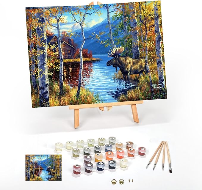 Ledgebay DIY Paint by Numbers Kit for Adults Framed Canvas Beginner to Advanced Paint by Numbers Kit Kits Include Acrylic Paint Set Brushes Tabletop Easel (Northwoods Retreat 16" x 20" Framed)