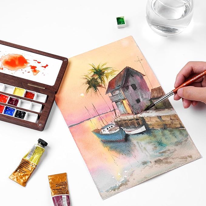 Fuumuui Watercolor Palette Box, Walnut Wood Palette Kit with Cover, 24 Empty Removable Half-pan Grids, Dual Tip Travel Brushes, for Watercolor Gouache Color Mixing, Pure White Palette