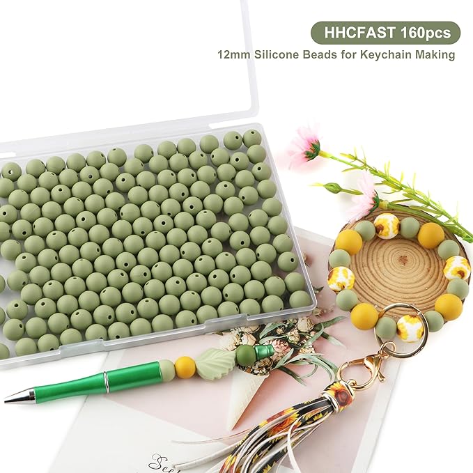 160Pcs 12mm Silicone Beads for Keychain Making Bracelet Necklace, Bulk Round Silicone Beads for Pens（Matcha Green）