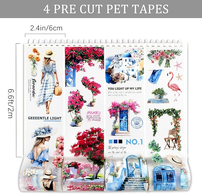Dizdkizd Die Cut PET Tape Set, 4 Rolls Greece Vacation and Floral Tapes Stickers for Scrapbooking, Travel Journals, Collages, Planners, Blue