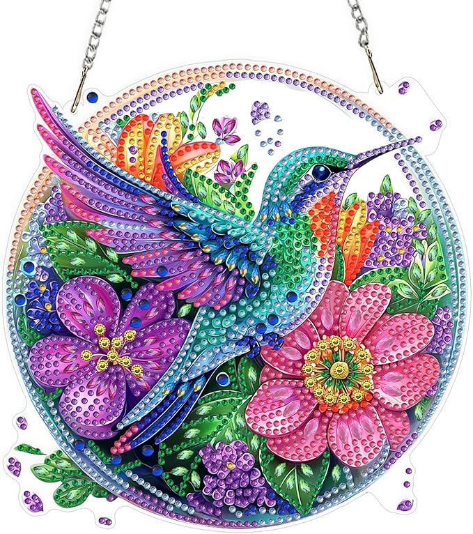 QENSPE Diamond Art Hanging Kits for Adults, 5D Hummingbird Special Shape Diamond Paingting Ornaments with Chain, DIY Flowers Crystal Window Pendants for Home Wall Decor Double Sided 8X8 inch