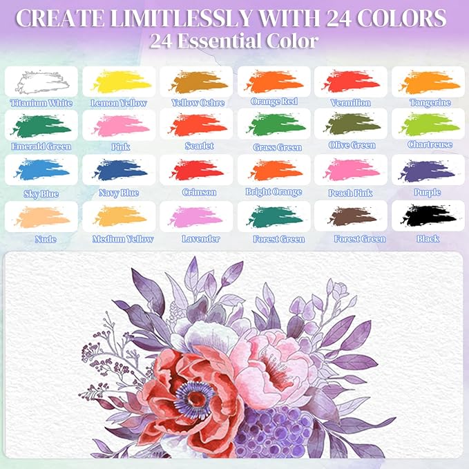 Vashly Watercolor Coloring Book Kit for Adults - Complete 24-Color Paint Set with Brush, 8.3"x5.8" Premium 100% Cotton Paper Pad, Beginner-Friendly Floral Art Therapy & Stress Relief Workbook